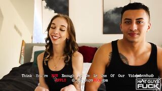 Breezy Bri worships the massive cock of our new guy with a hot handjob and a hot kiss