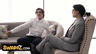 Stepmom Aaliyah Love & Penny Barber take on stepson & Therapist in hot threesome with cumshot and tits