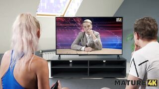 Malusha, a hot mature blonde, gets a young stud to bang her hard on the couch