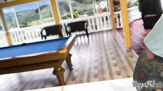 Watch Brian Evansx and Sayafit & Anissa Miller1 in cowgirl POV with pool balls, cue, and a big ass.