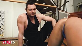 Mona Azar seduces her personal trainer with her big tits & takes a hard pounding on his cock