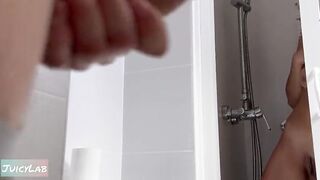 Juicylab caught jerking off in shower & gets pounded hard in close-up pussy-licking action
