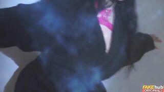 Watch this wild parody with a busty babe riding a fake hubby's huge cock in a variety of positions