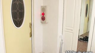 Watch as Japanese maid gets caught rubbing and riding herself in front of you!
