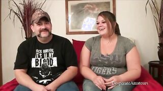 Watch this curvy first-timer MILF get her throat stretched and her throat drilled in a wild swinger casting party