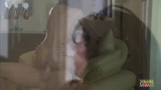 Tattooed brunette babe shags on a hard dick while getting her mouth filled with cum