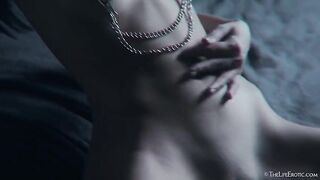 This busty babe uses a big glass bottle as a makeshift dildo