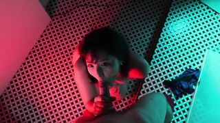 Horny Japanese girl gives you blowjob and swallows his cum in the bathroom of night club