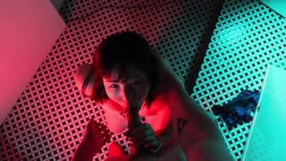 Horny Japanese girl gives you blowjob and swallows his cum in the bathroom of night club