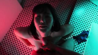Horny Japanese girl gives you blowjob and swallows his cum in the bathroom of night club