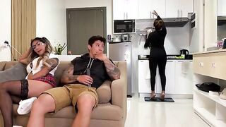 College Girl's Secret Encounter with Her Mom's Partner on the Couch!
