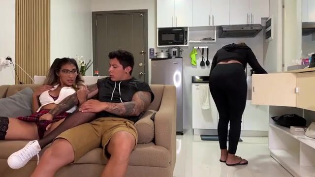 College Girl's Secret Encounter with Her Mom's Partner on the Couch!