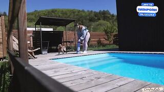 Curious Neighbor Joins Morning Yoga Session by the Pool - A Surprising Twist!