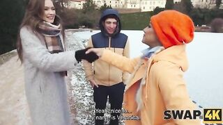 SWAP4K. A Sunday walk ended up as having a hot girl with in our bed, it was her first threesome
