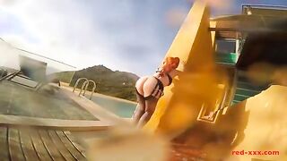 Mature Redhead Enjoys a Playful Moment by the Poolside