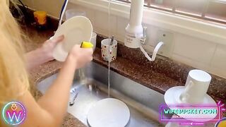Honey we can clean up the kitchen later, now can you help me clean my cock?