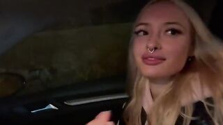 Sweet blonde on the highway. Sex in car