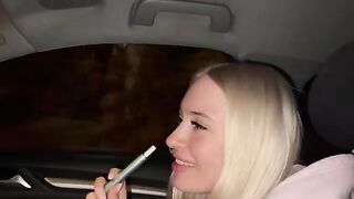 Sweet blonde on the highway. Sex in car