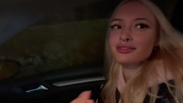 Sweet blonde on the highway. Sex in car