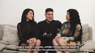 Naughty Latina stepsisters share their lucky guest’s big cock in the bedroom