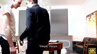 TUTOR4K. Mature woman with short haircut gives muff to younger man for sex