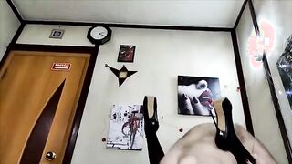 A mature busty russian slut in black stockings and shoes again spreads her legs wide in front of all