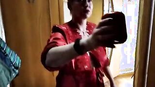 Big mature passion in a tight Moscow bathroom, shower masturbation, blowjob, cum on tits, closeup!