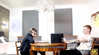 TUTOR4K. MILF wearing official suit makes guy go crazy about fucking