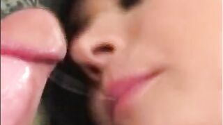 Brunette babe gets deep mouth and anal fuck on the sofa