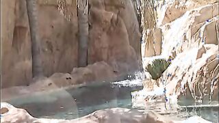 Glamorous blonde has two dicks to satisfy near swimming pool